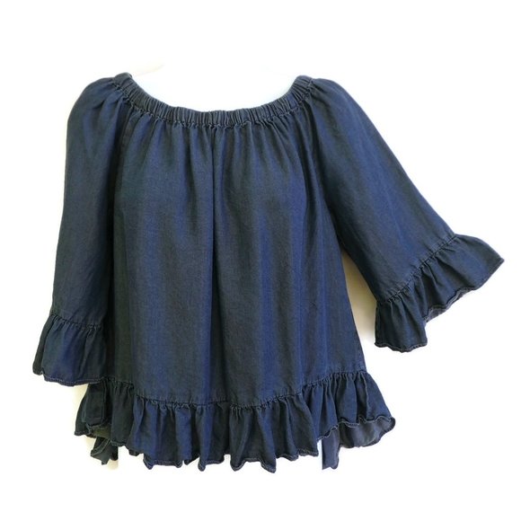 Jane and Delancey Top Chambray Tencel Ruffles On Off Shoulder Tencil S Small - Picture 1 of 8